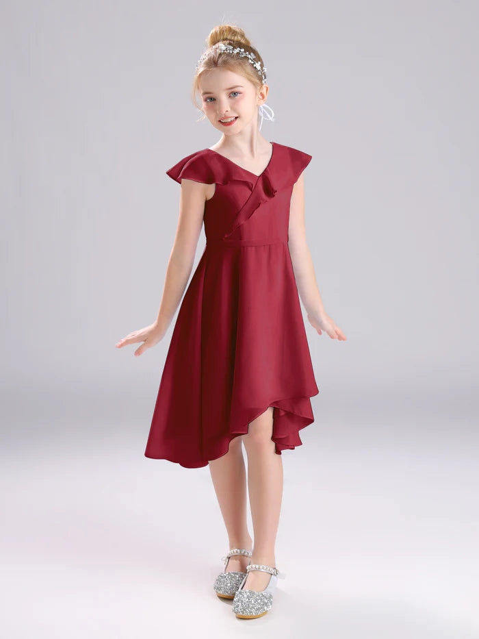 Girls Birthday Dresses V-Neck Cape Chiffon Asymmetrical Junior Bridesmaid Dress/Party Dresses With Belt Girls Gidiondress