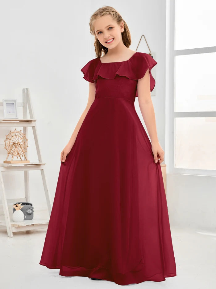 A-Line Square Flutter straps Simple Floor-Length Lilac Chiffon Junior Bridesmaid Dress/Girls Birthday Dresses Girls Gidiondress
