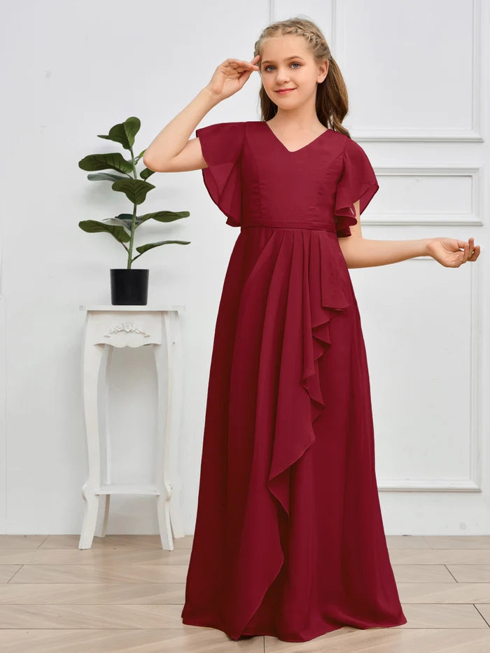 V-Neck Flutter straps Floor-Length Chiffon Junior Bridesmaid Dress/Girls Birthday Dresses Girls Gidiondress