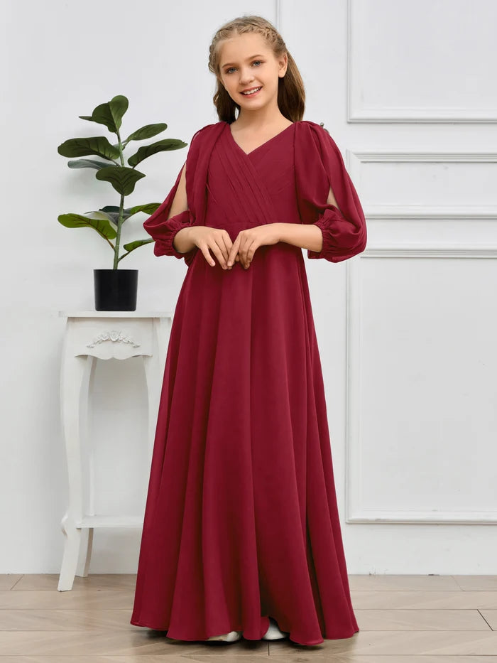 A-line V-Neck Floor-Length Chiffon Junior Bridesmaid Dresses Girls Gidiondress