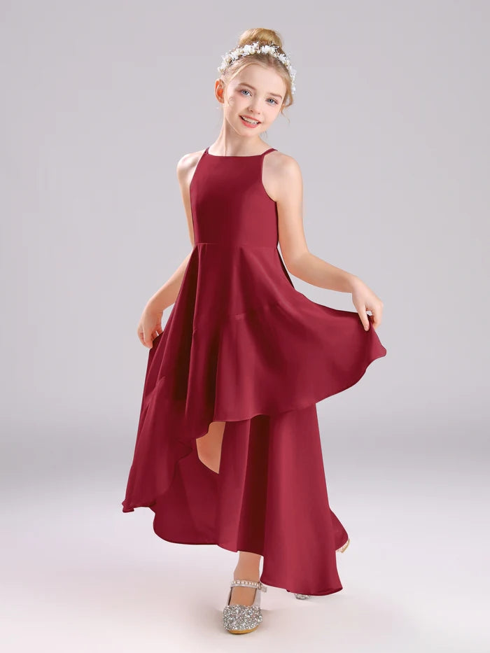Girls Birthday Dresses Simple Boat Neck Spaghetti Straps Chiffon Asymmetrical Junior Bridesmaid Dress/Party Dresses With Ruffled Hem Girls Gidiondress