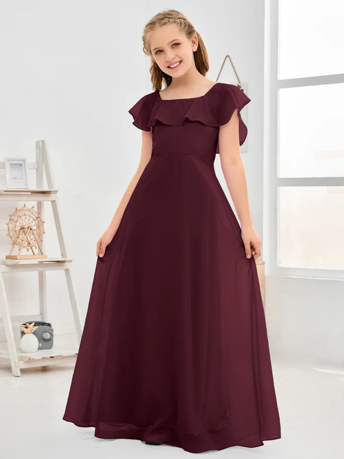 A-Line Square Flutter straps Simple Floor-Length Lilac Chiffon Junior Bridesmaid Dress/Girls Birthday Dresses Girls Gidiondress