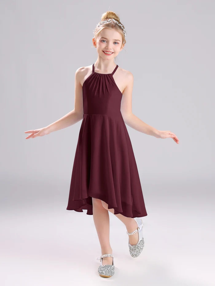 Girls Birthday Dresses Halter Spaghetti Straps Chiffon Asymmetrical Knee-Length Junior Bridesmaid Dress/Party Dresses With Pleated Girls Gidiondress