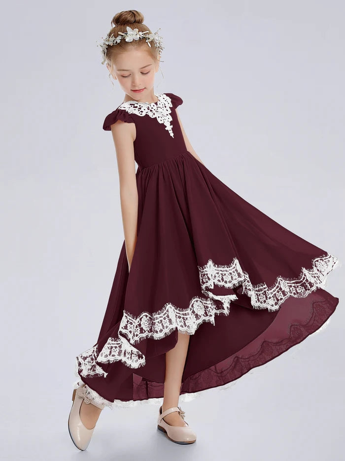 Asymmetrical Cap Sleeve Scoop Neck Cute Ankel-Length Lace/Chiffon Junior Bridesmaid Dress With Appliques Girls Gidiondress