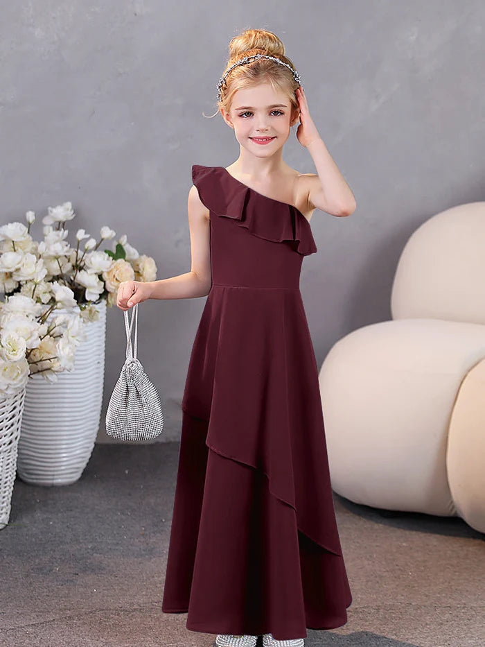 Girls Birthday Dresses One-Shoulder Sleeveless Chiffon Floor-Length Graceful Junior Bridesmaid Dress/Party Dresses With Ruffled Hem Girls Gidiondress