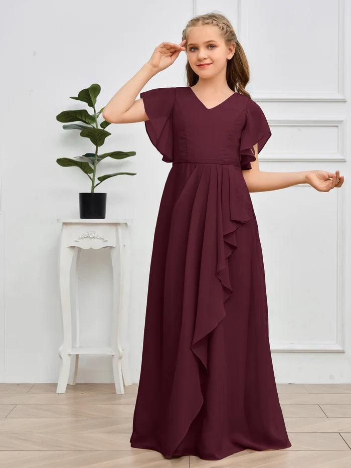 V-Neck Flutter straps Floor-Length Chiffon Junior Bridesmaid Dress/Girls Birthday Dresses Girls Gidiondress