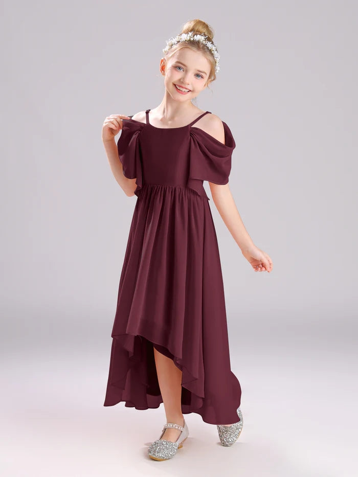 Girls Birthday Dresses Cold Shoulder Flutter Straps Chiffon Asymmetrical Junior Bridesmaid Dress/Party Dresses With Pleated Girls Gidiondress Terracotta 12M