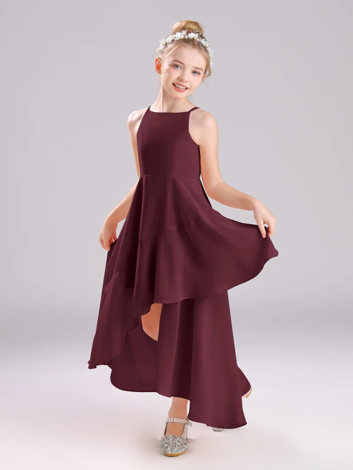 Girls Birthday Dresses Simple Boat Neck Spaghetti Straps Chiffon Asymmetrical Junior Bridesmaid Dress/Party Dresses With Ruffled Hem Girls Gidiondress