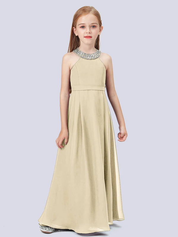 Chiffon Junior Bridesmaid Dress/Girls Birthday Dresses With Beads Gidiondress Champagne 12M