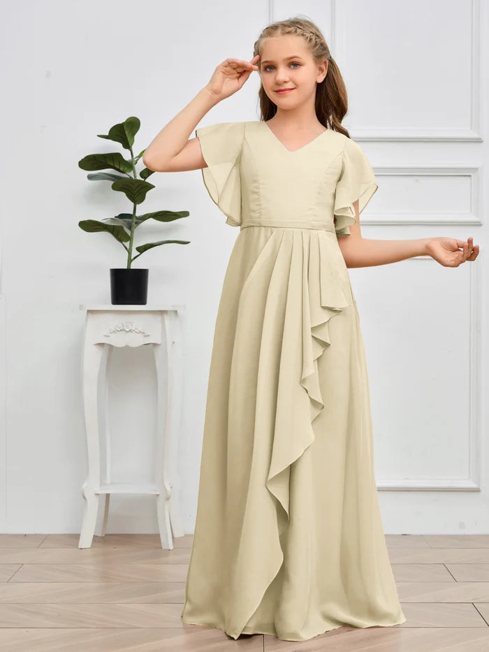 V-Neck Flutter straps Floor-Length Chiffon Junior Bridesmaid Dress/Girls Birthday Dresses Girls Gidiondress