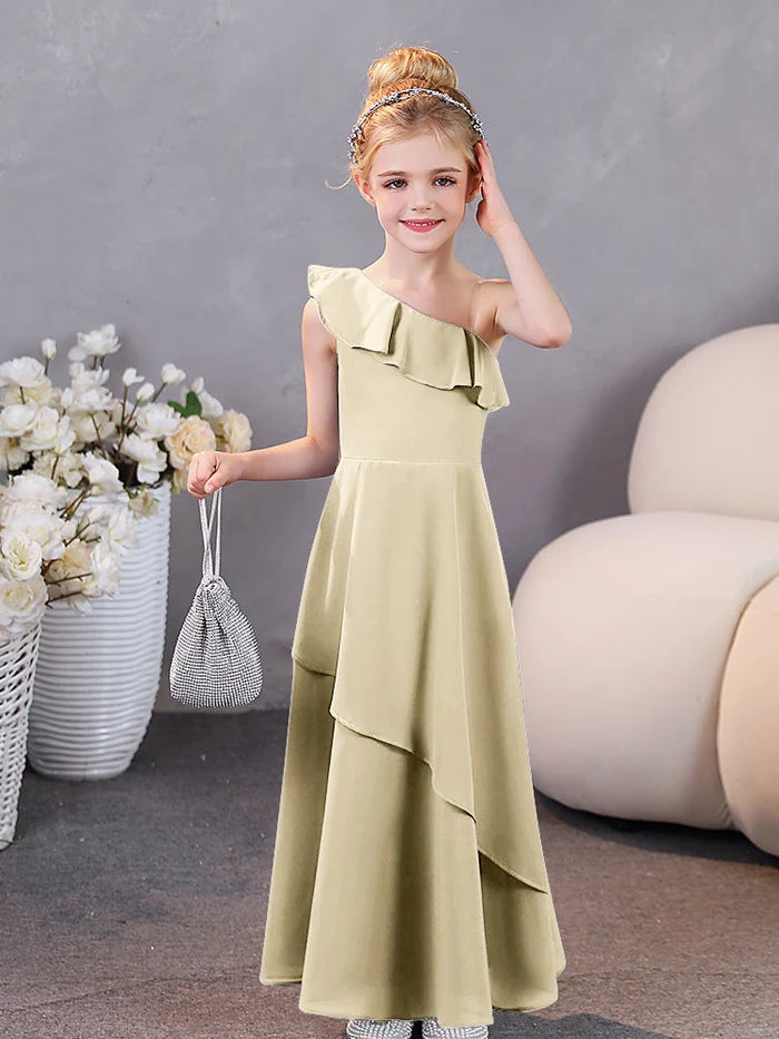 Girls Birthday Dresses One-Shoulder Sleeveless Chiffon Floor-Length Graceful Junior Bridesmaid Dress/Party Dresses With Ruffled Hem Girls Gidiondress