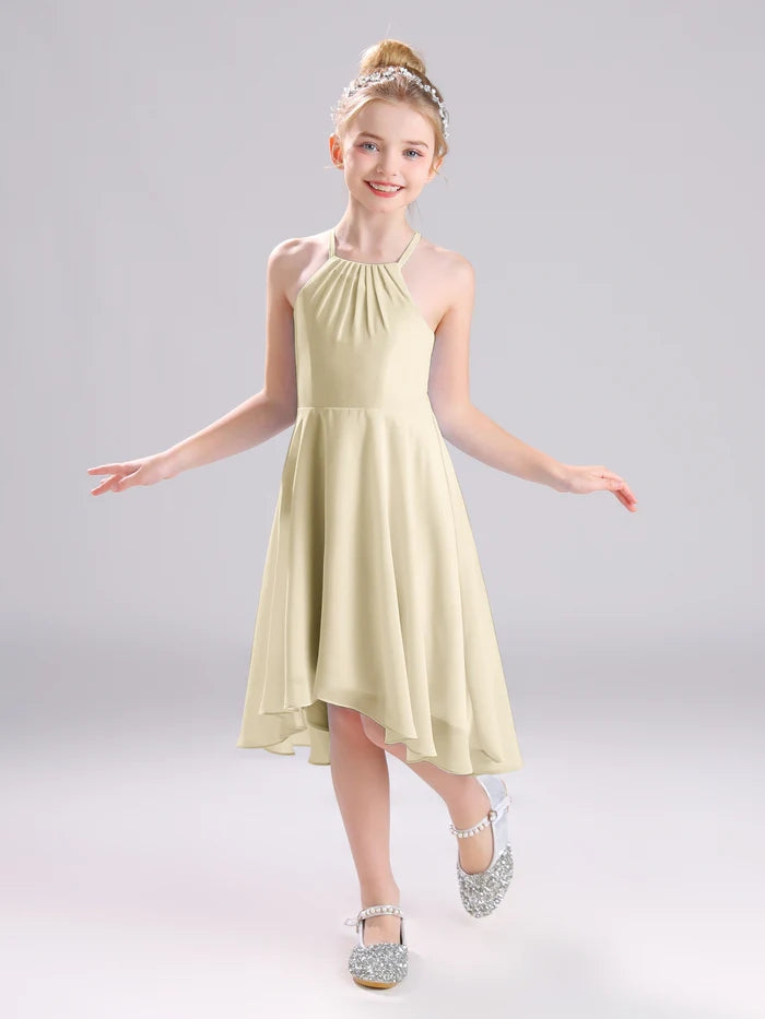 Girls Birthday Dresses Halter Spaghetti Straps Chiffon Asymmetrical Knee-Length Junior Bridesmaid Dress/Party Dresses With Pleated Girls Gidiondress