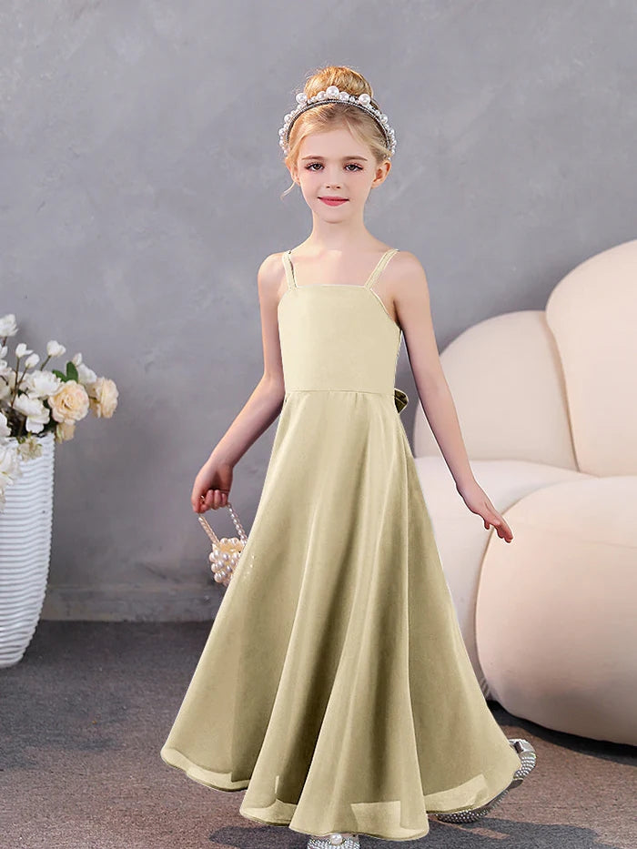 Girls Dresses Simple Square Neck Spaghetti Straps Chiffon Floor-Length Junior Bridesmaid Dress Girls Gidiondress