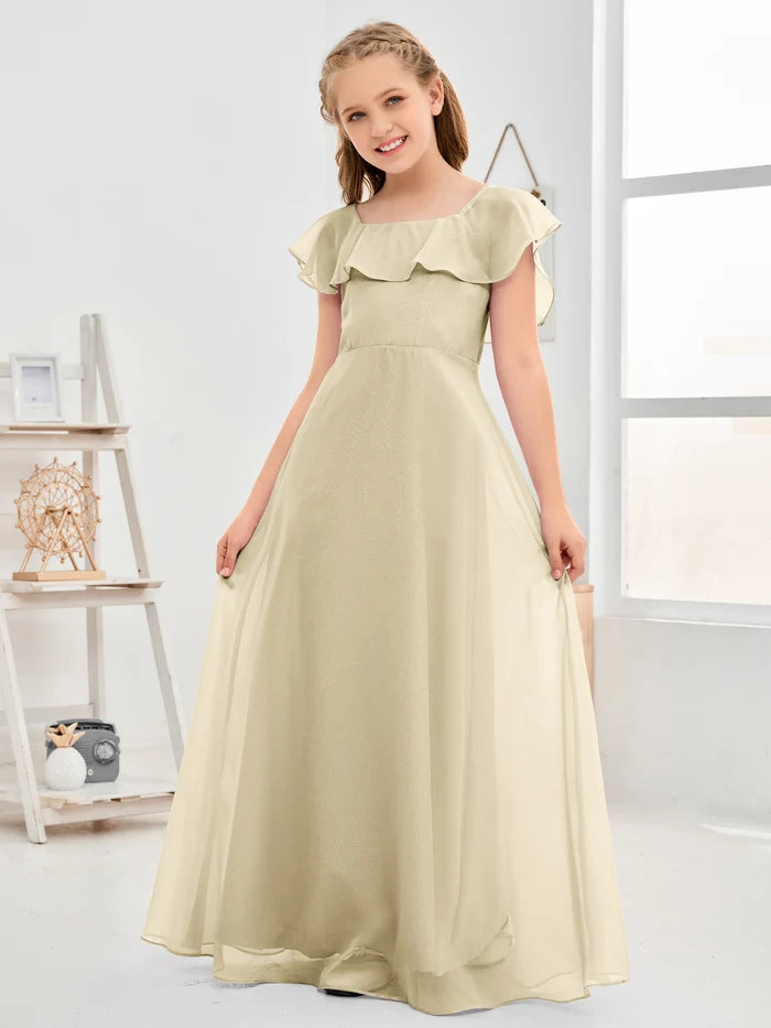 A-Line Square Flutter straps Simple Floor-Length Lilac Chiffon Junior Bridesmaid Dress/Girls Birthday Dresses Girls Gidiondress