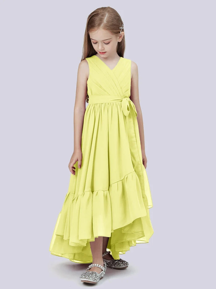 V-Neck Sleeveless Asymmetrical Chiffon Junior Bridesmaid Dress/Girls Birthday Dresses With Pleated/Belt/Ruffled Hem Girls Gidiondress