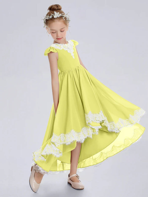 Asymmetrical Cap Sleeve Cute Scoop Neck Ankel-Length Lace/Chiffon Junior Bridesmaid Dress With Appliques Girls Gidiondress Daffodil 12M