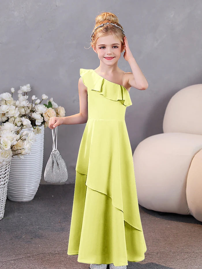Girls Birthday Dresses Graceful One-Shoulder Sleeveless Chiffon Floor-Length Junior Bridesmaid Dress/Party Dresses With Ruffled Hem Girls Gidiondress Daffodil 12M