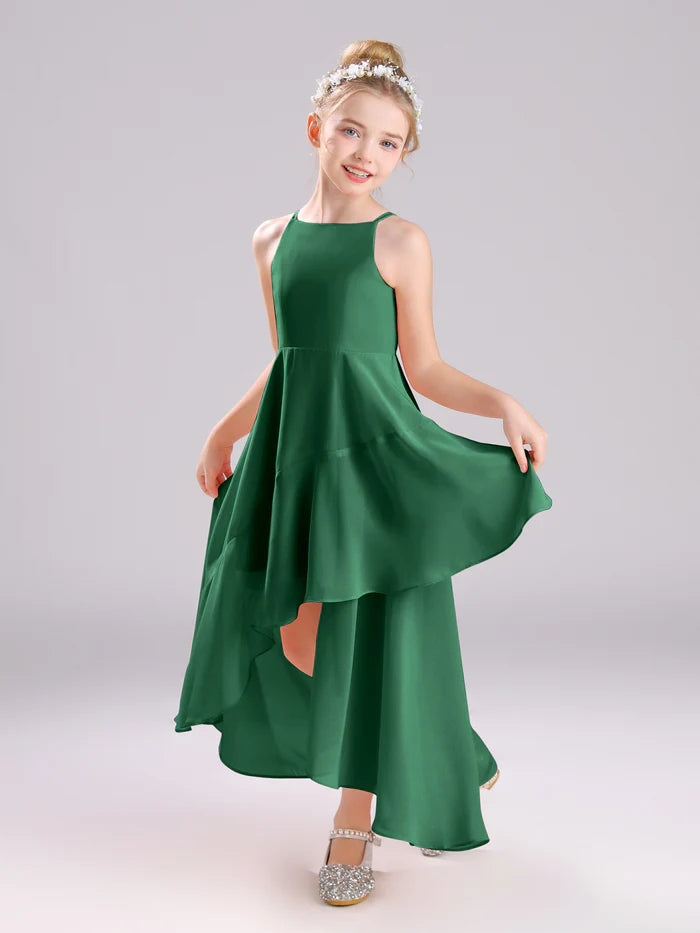 Girls Birthday Dresses Simple Boat Neck Spaghetti Straps Chiffon Asymmetrical Junior Bridesmaid Dress/Party Dresses With Ruffled Hem Girls Gidiondress