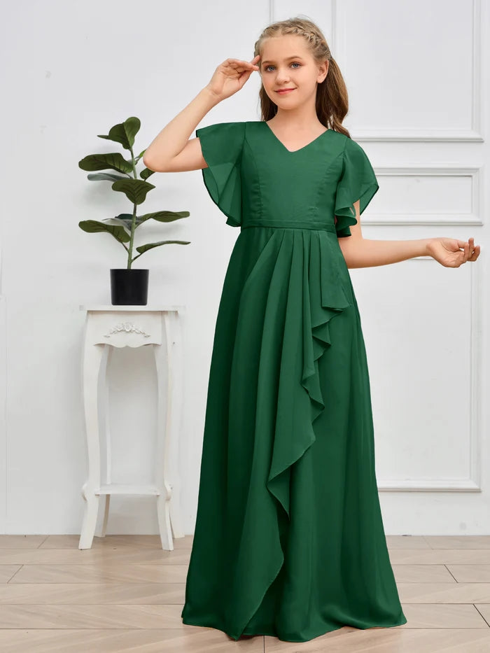 V-Neck Flutter straps Floor-Length Chiffon Junior Bridesmaid Dress/Girls Birthday Dresses Girls Gidiondress