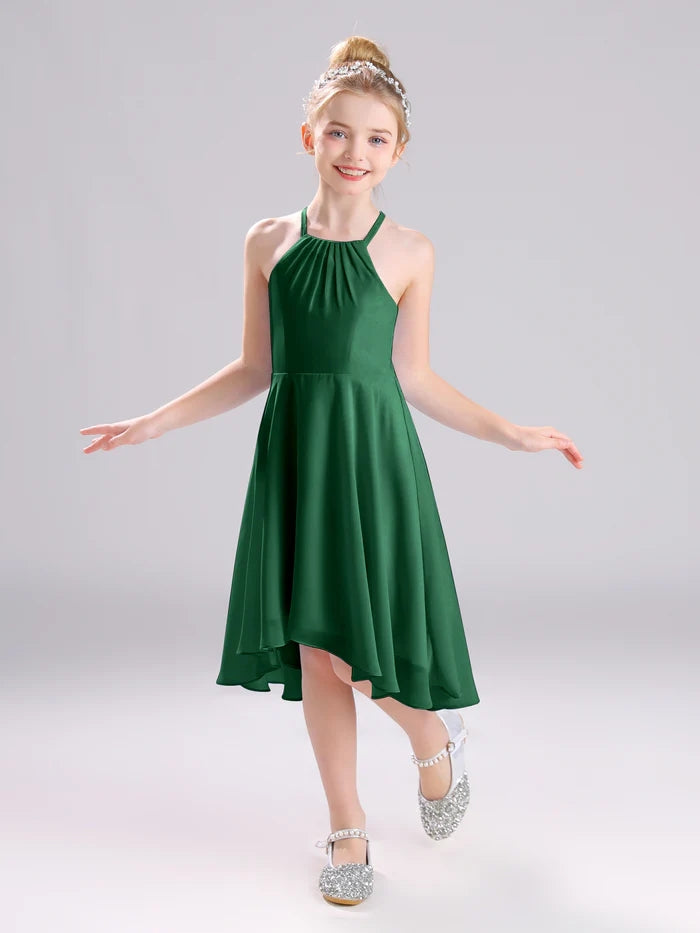 Girls Birthday Dresses Halter Spaghetti Straps Chiffon Asymmetrical Knee-Length Junior Bridesmaid Dress/Party Dresses With Pleated Girls Gidiondress