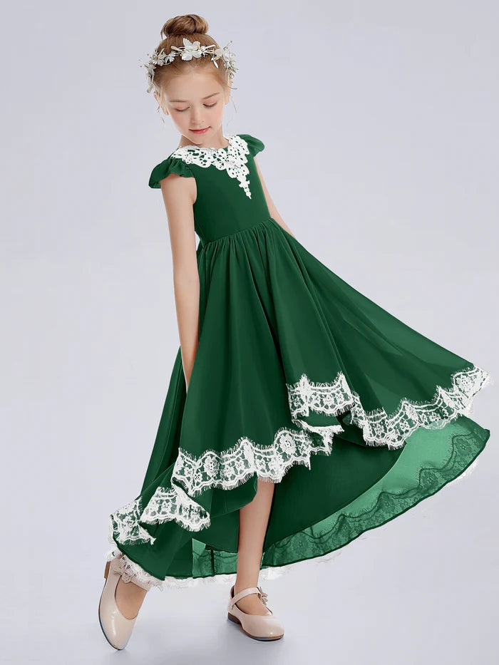 Asymmetrical Cap Sleeve Scoop Neck Cute Ankel-Length Lace/Chiffon Junior Bridesmaid Dress With Appliques Girls Gidiondress