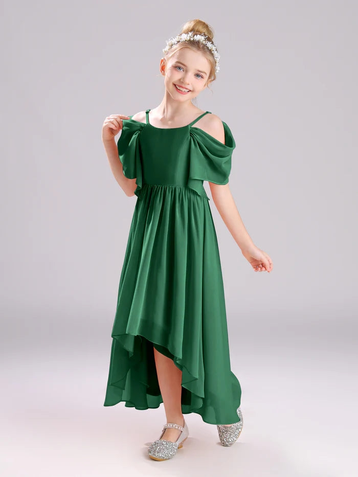 Girls Birthday Dresses Cold Shoulder Flutter Straps Chiffon Asymmetrical Junior Bridesmaid Dress/Party Dresses With Pleated Girls Gidiondress