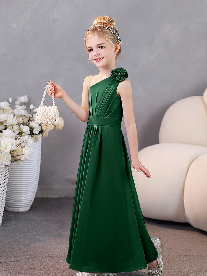 One-Shoulder Chiffon Floor-Length Junior Bridesmaid Dress/Party Dresses Girls Gidiondress Dark Green 12M