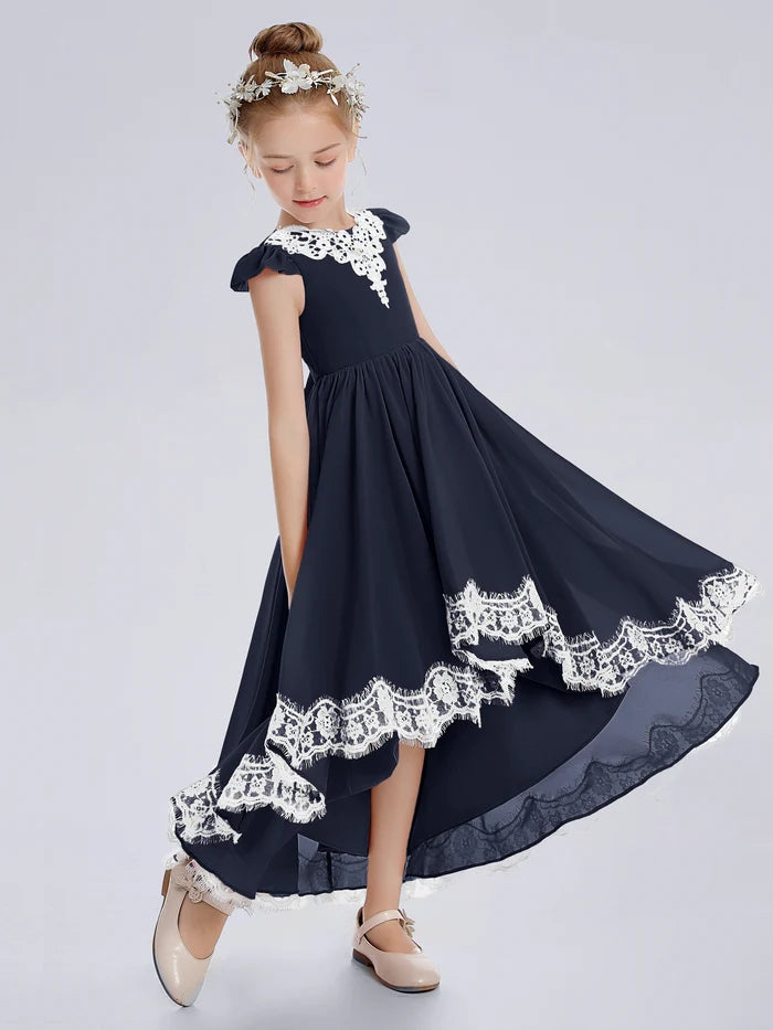Asymmetrical Cap Sleeve Scoop Neck Cute Ankel-Length Lace/Chiffon Junior Bridesmaid Dress With Appliques Girls Gidiondress