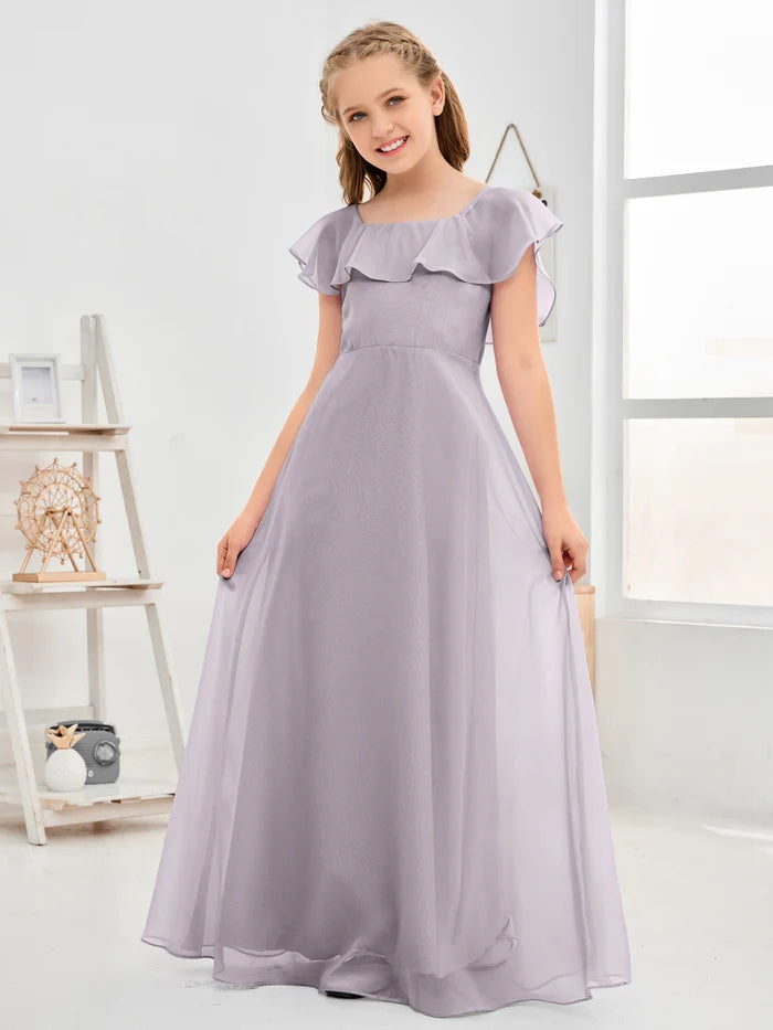 A-Line Square Flutter straps Simple Floor-Length Lilac Chiffon Junior Bridesmaid Dress/Girls Birthday Dresses Girls Gidiondress