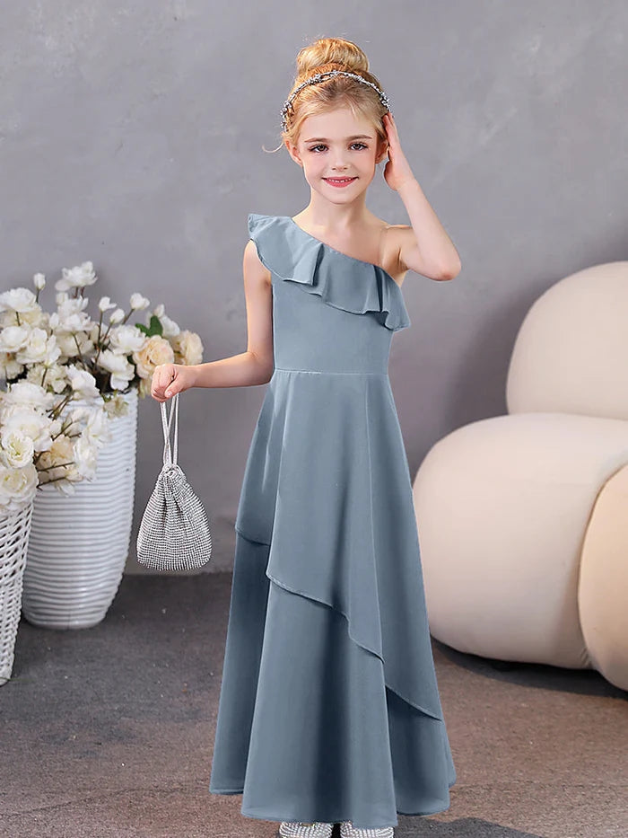 Girls Birthday Dresses One-Shoulder Sleeveless Chiffon Floor-Length Graceful Junior Bridesmaid Dress/Party Dresses With Ruffled Hem Girls Gidiondress