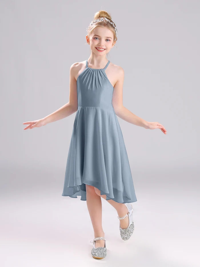 Girls Birthday Dresses Halter Spaghetti Straps Chiffon Asymmetrical Knee-Length Junior Bridesmaid Dress/Party Dresses With Pleated Girls Gidiondress
