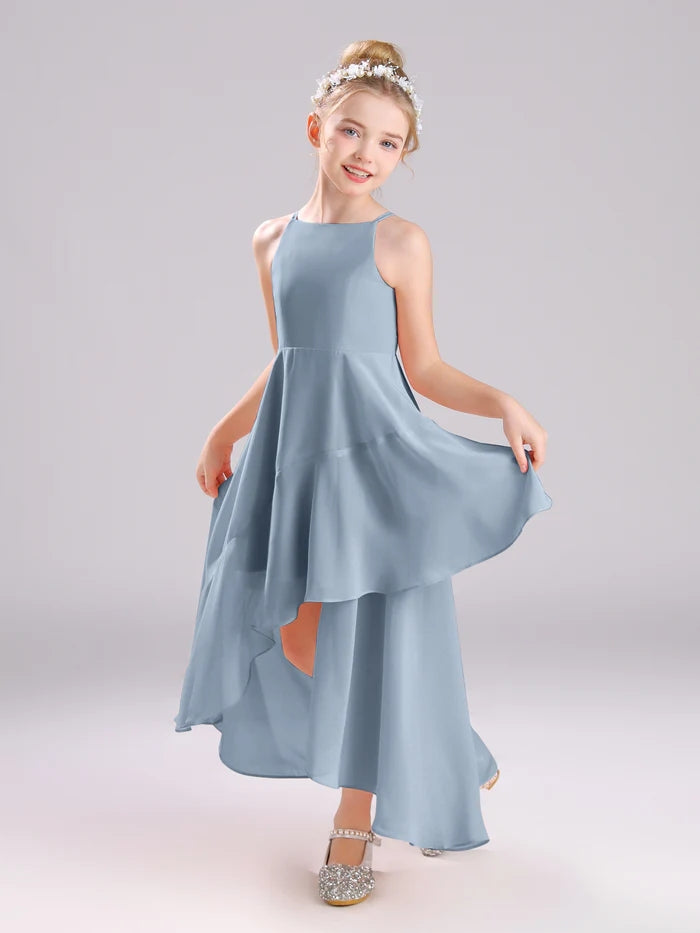 Girls Birthday Dresses Simple Boat Neck Spaghetti Straps Chiffon Asymmetrical Junior Bridesmaid Dress/Party Dresses With Ruffled Hem Girls Gidiondress
