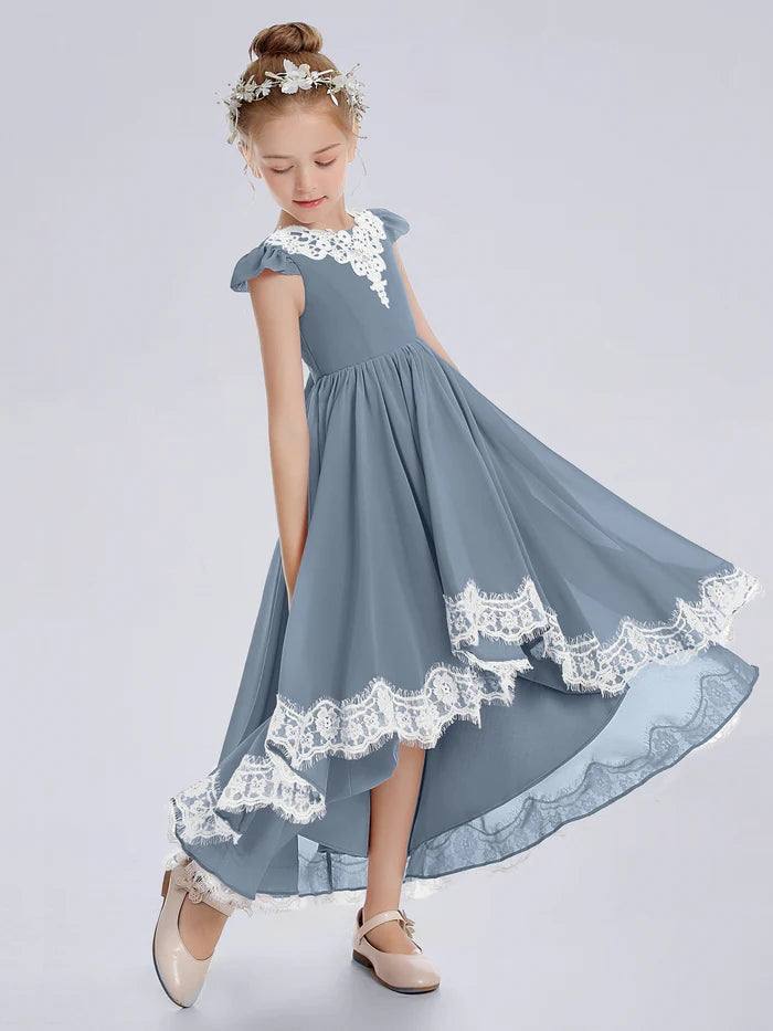 Asymmetrical Cap Sleeve Scoop Neck Cute Ankel-Length Lace/Chiffon Junior Bridesmaid Dress With Appliques Girls Gidiondress