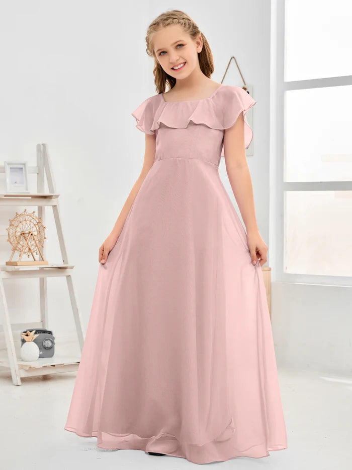 A-Line Square Flutter straps Simple Floor-Length Lilac Chiffon Junior Bridesmaid Dress/Girls Birthday Dresses Girls Gidiondress Dusty Rose 12M