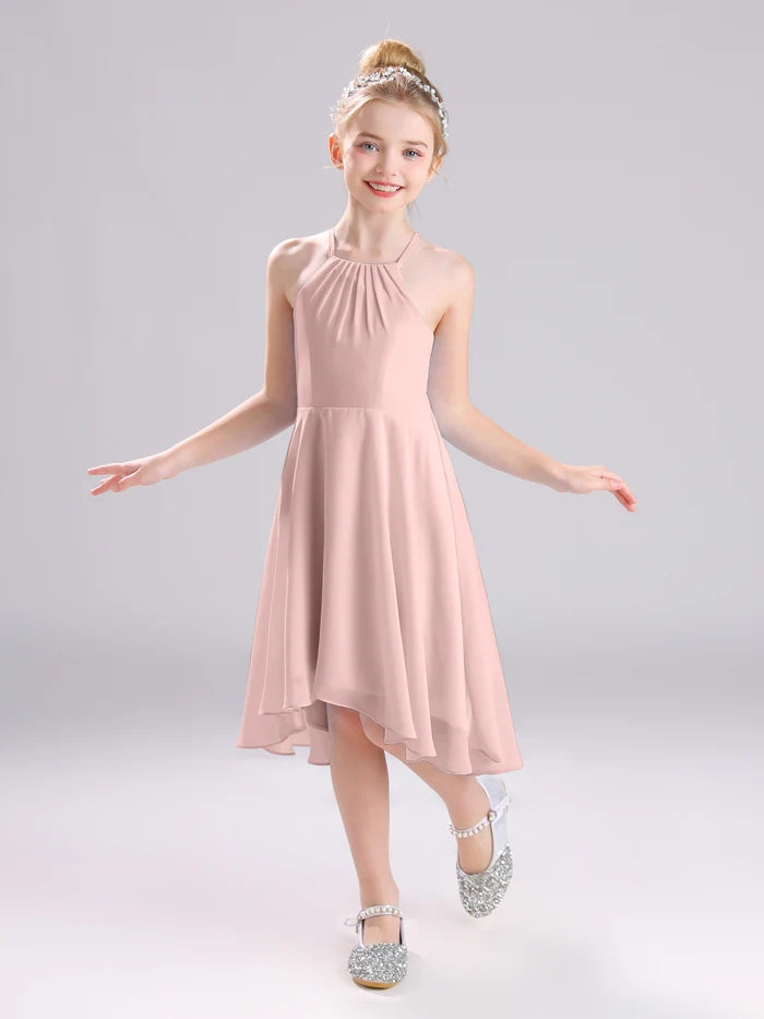 Girls Birthday Dresses Halter Spaghetti Straps Chiffon Asymmetrical Knee-Length Junior Bridesmaid Dress/Party Dresses With Pleated Girls Gidiondress