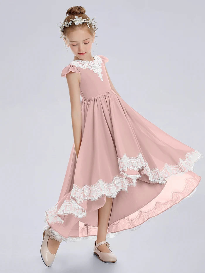 Asymmetrical Cap Sleeve Scoop Neck Cute Ankel-Length Lace/Chiffon Junior Bridesmaid Dress With Appliques Girls Gidiondress