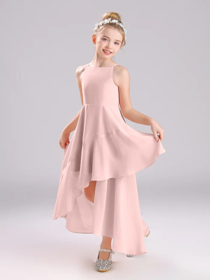 Girls Birthday Dresses Simple Boat Neck Spaghetti Straps Chiffon Asymmetrical Junior Bridesmaid Dress/Party Dresses With Ruffled Hem Girls Gidiondress