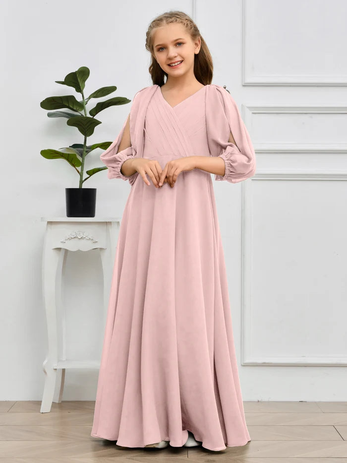 A-line V-Neck Floor-Length Chiffon Junior Bridesmaid Dresses Girls Gidiondress