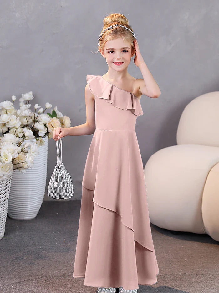 Girls Birthday Dresses One-Shoulder Sleeveless Chiffon Floor-Length Graceful Junior Bridesmaid Dress/Party Dresses With Ruffled Hem Girls Gidiondress Dusty Rose 12M
