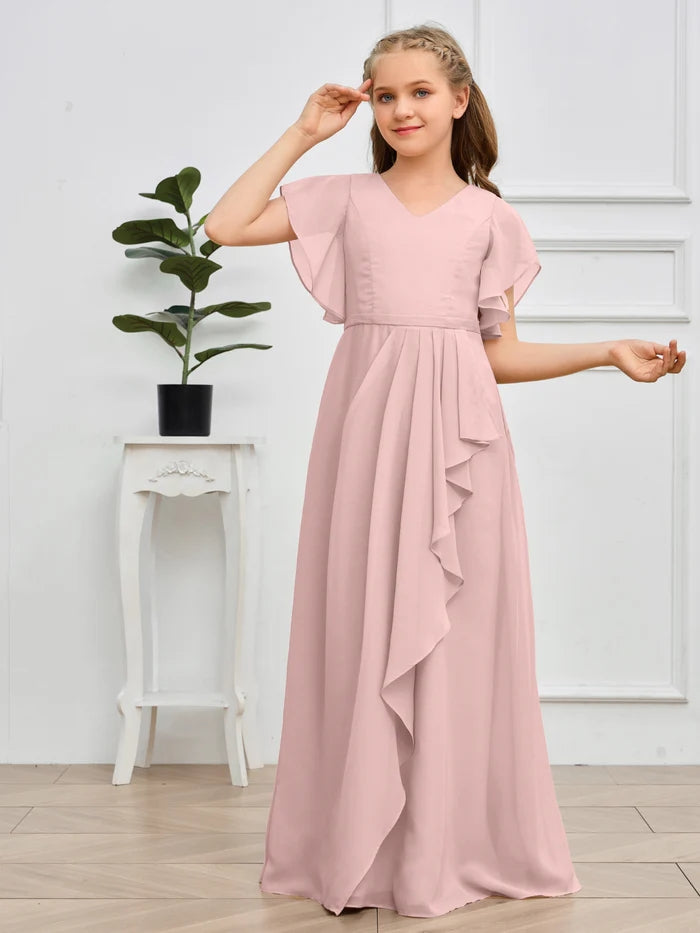 V-Neck Flutter straps Floor-Length Chiffon Junior Bridesmaid Dress/Girls Birthday Dresses Girls Gidiondress