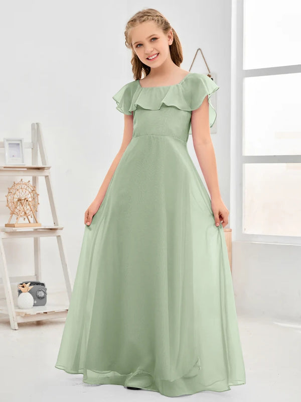 A-Line Square Flutter straps Simple Floor-Length Lilac Chiffon Junior Bridesmaid Dress/Girls Birthday Dresses Girls Gidiondress Dusty Sage 12M