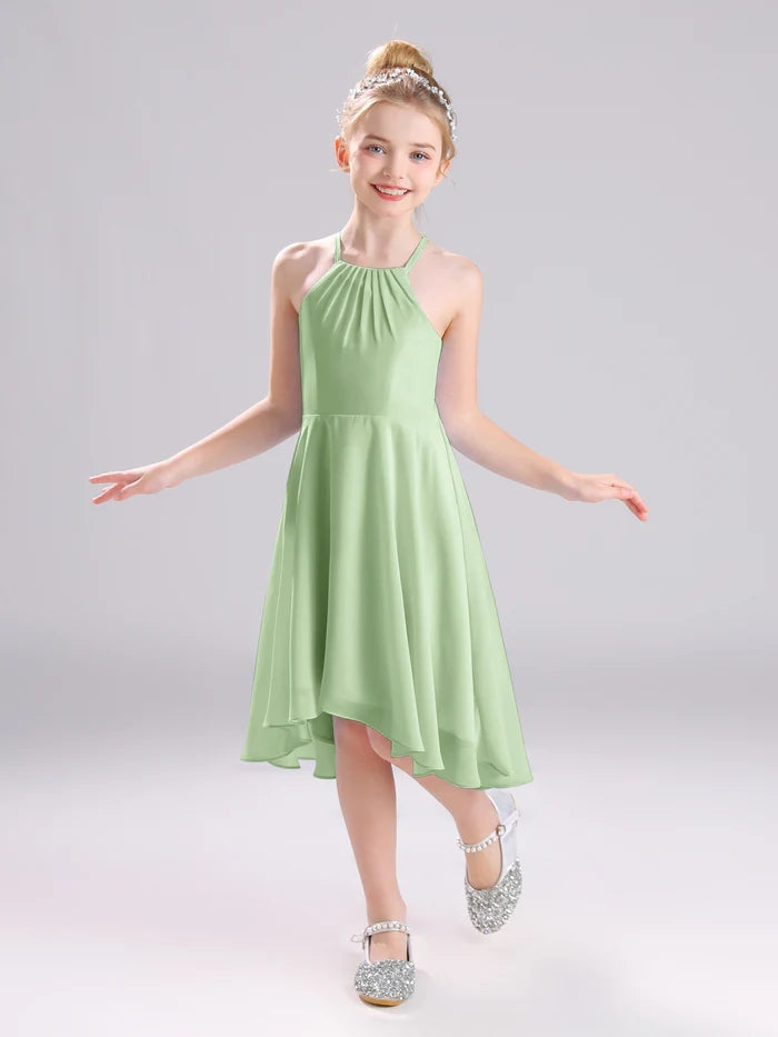 Girls Birthday Dresses Halter Spaghetti Straps Chiffon Asymmetrical Knee-Length Junior Bridesmaid Dress/Party Dresses With Pleated Girls Gidiondress