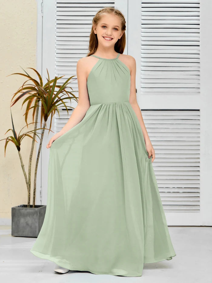 Halter Floor-Length Chiffon Simple Junior Bridesmaid Dress/Girls dress Gidiondress