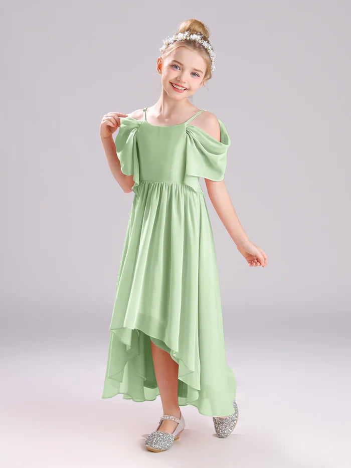 Girls Birthday Dresses Cold Shoulder Flutter Straps Chiffon Asymmetrical Junior Bridesmaid Dress/Party Dresses With Pleated Girls Gidiondress