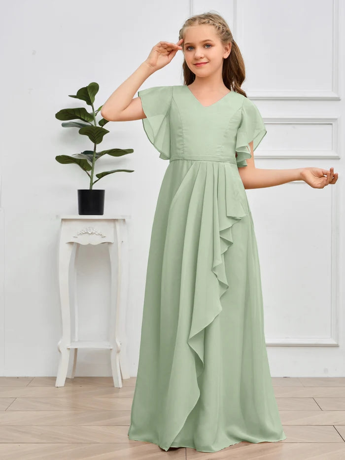 V-Neck Flutter straps Floor-Length Chiffon Junior Bridesmaid Dress/Girls Birthday Dresses Girls Gidiondress