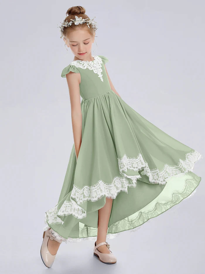 Asymmetrical Cap Sleeve Scoop Neck Cute Ankel-Length Lace/Chiffon Junior Bridesmaid Dress With Appliques Girls Gidiondress