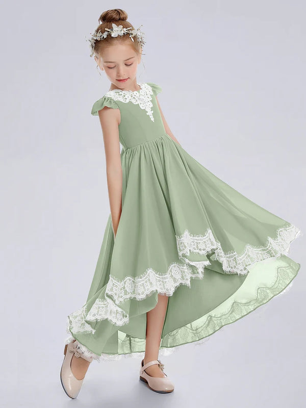 Asymmetrical Cap Sleeve Scoop Neck Cute Ankel-Length Lace/Chiffon Junior Bridesmaid Dress With Appliques Girls Gidiondress