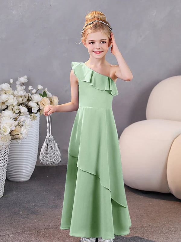 Girls Birthday Dresses One-Shoulder Sleeveless Chiffon Floor-Length Graceful Junior Bridesmaid Dress/Party Dresses With Ruffled Hem Girls Gidiondress Dusty Sage 12M