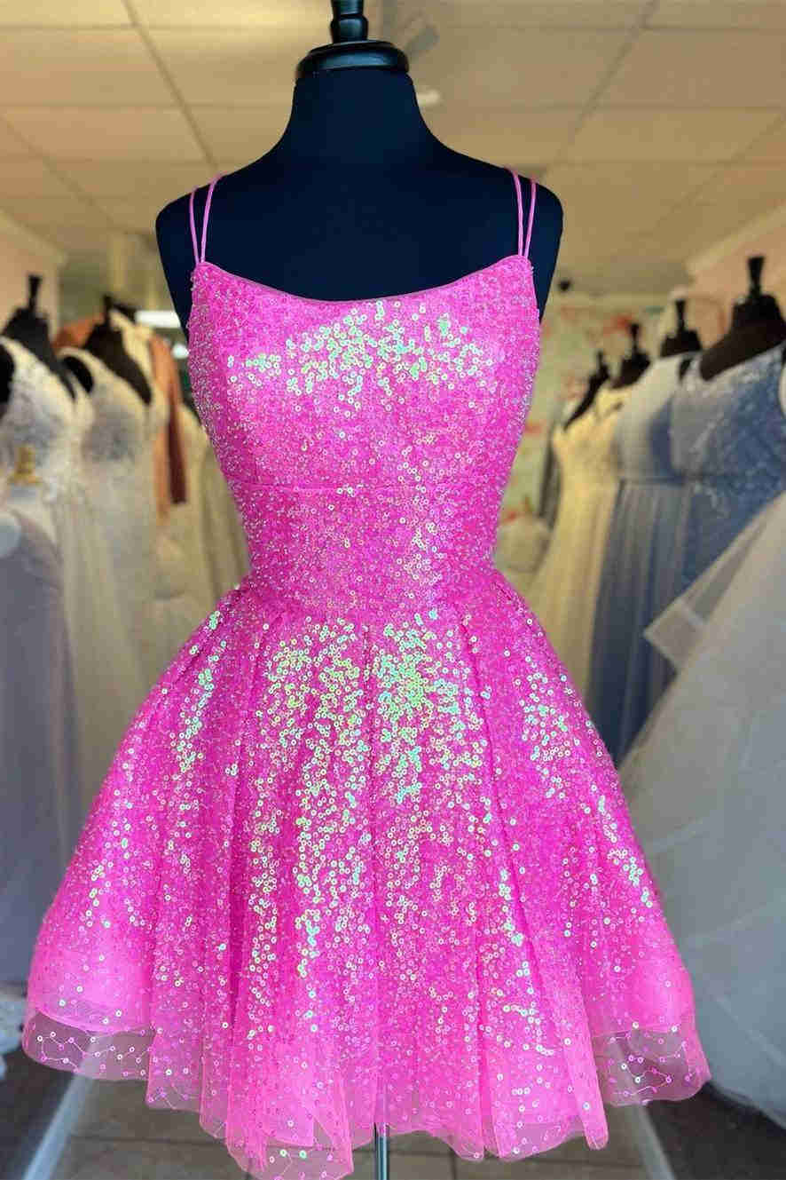 Cute Hot Pink Sequins A-Line Short Homecoming Dress BabaMila