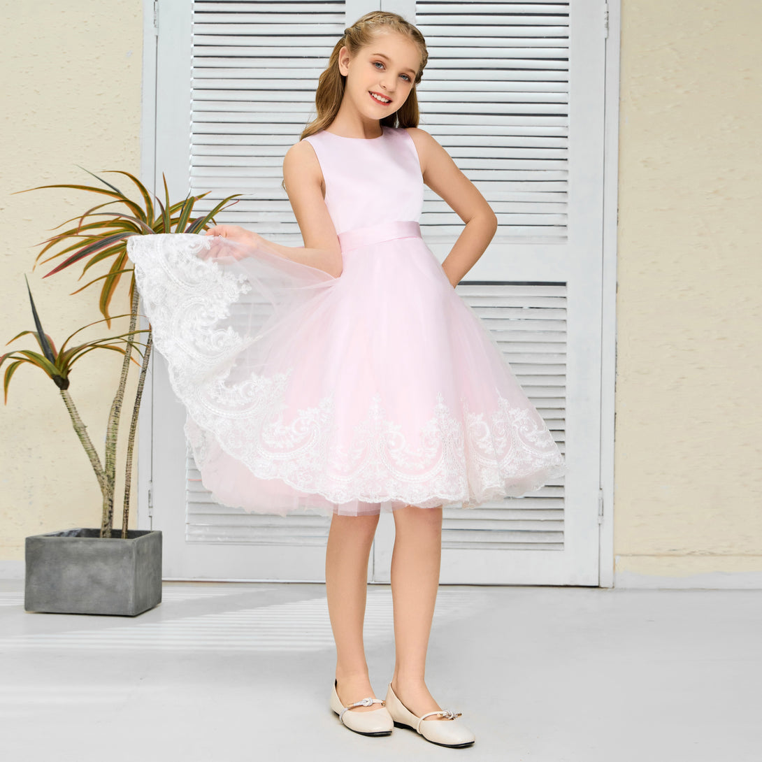 A-Line Sleeveless Scoop Neck Knee-Length Blushing pink Satin/Lace/Tulle Flower Girl Dresses/Girls Birthday Dresses With Belt/Bow/Appliques Girls Gidiondress